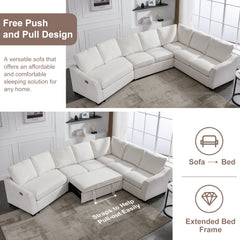 129.5" Sectional Sleeper Sofa with Pull-Out Bed Modern L-Shape Couch Bed with USB Charging Port - Beige