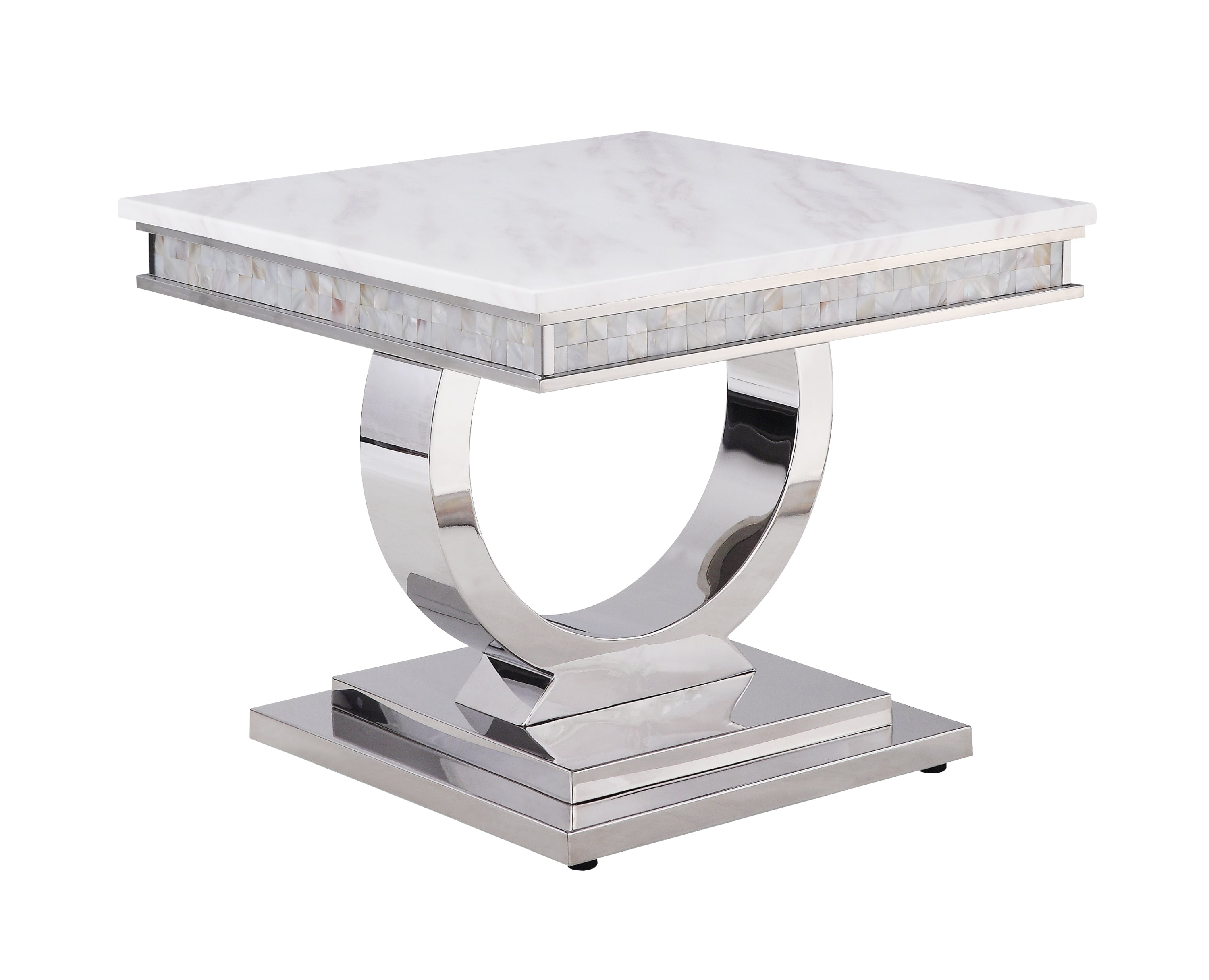 Zander End Table, White Printed Faux Marble & Mirrored Silver Finish