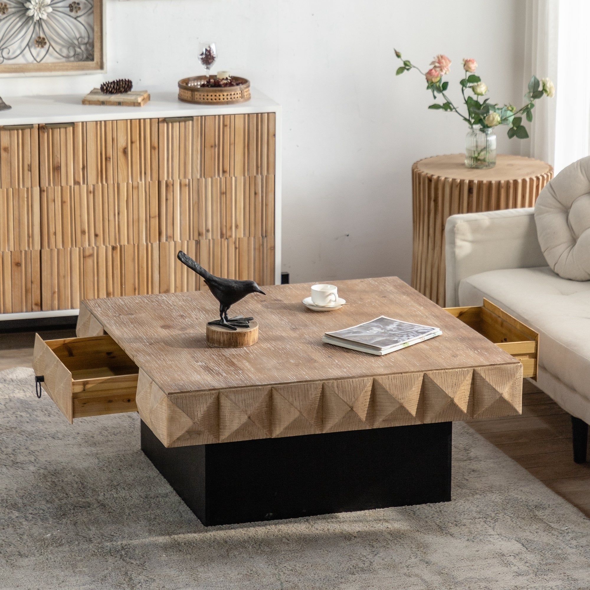 Three-dimensional Embossed Pattern Square Retro Coffee Table - Natural