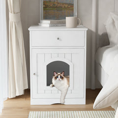 Cat Home Litter Nightstand with Drawer - White