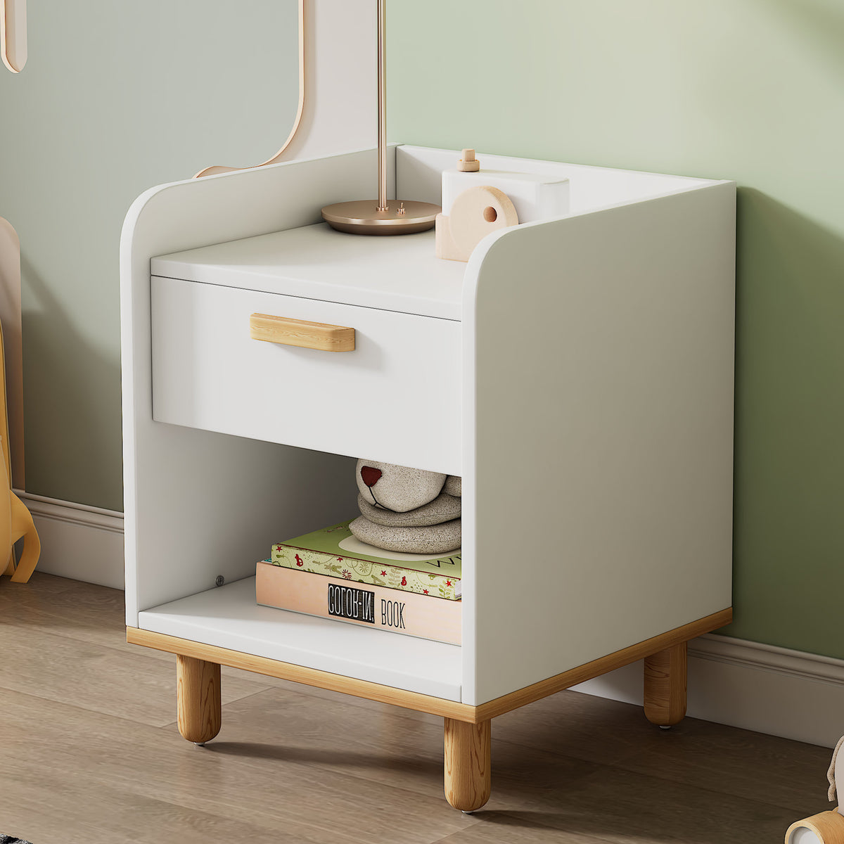 Modern Simple Style White Modern Nightstand, One Drawer Kids Night Stand