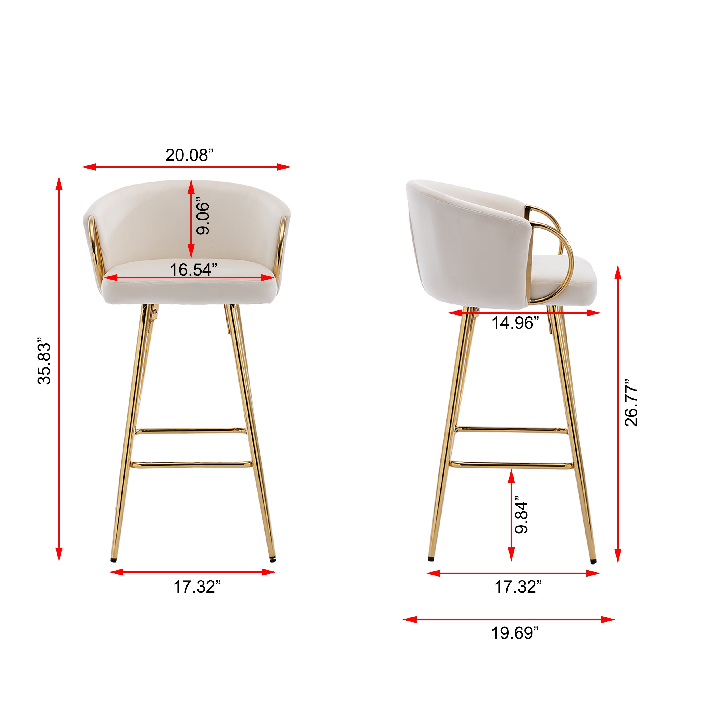 26 Inch Set of 2 Bar Stools, with Chrome Footrest and Base Velvet + Golden Leg Simple Bar Stool - Cream