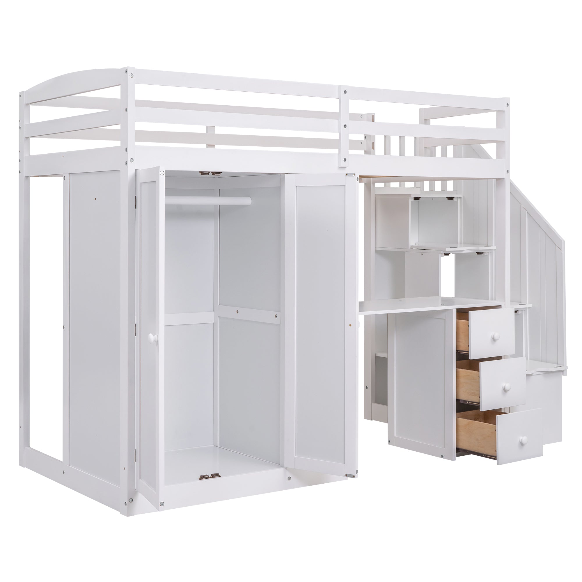 Twin Size Loft Bed with Wardrobe and Staircase - White