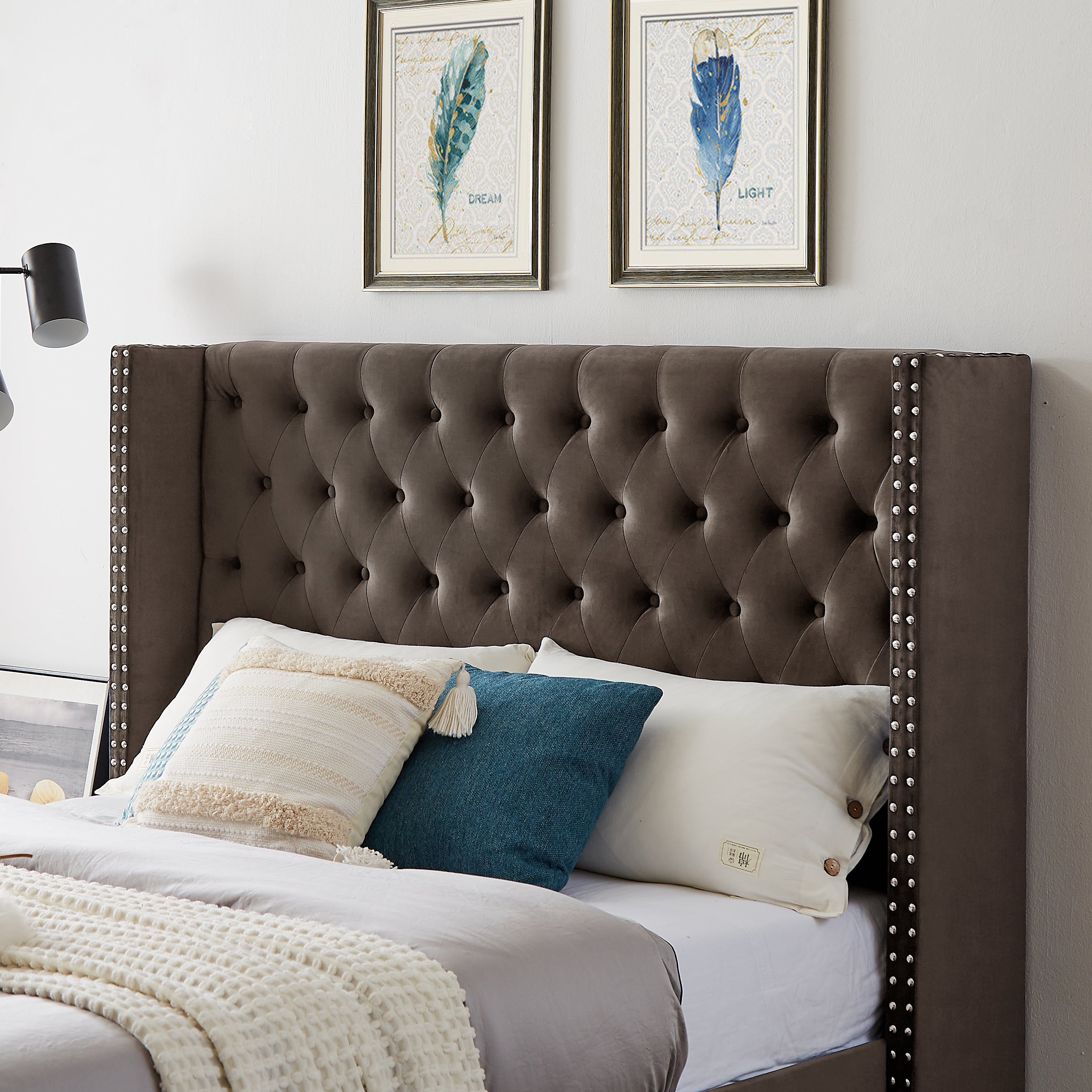 Queen Bed - Button designed Headboard - Brown