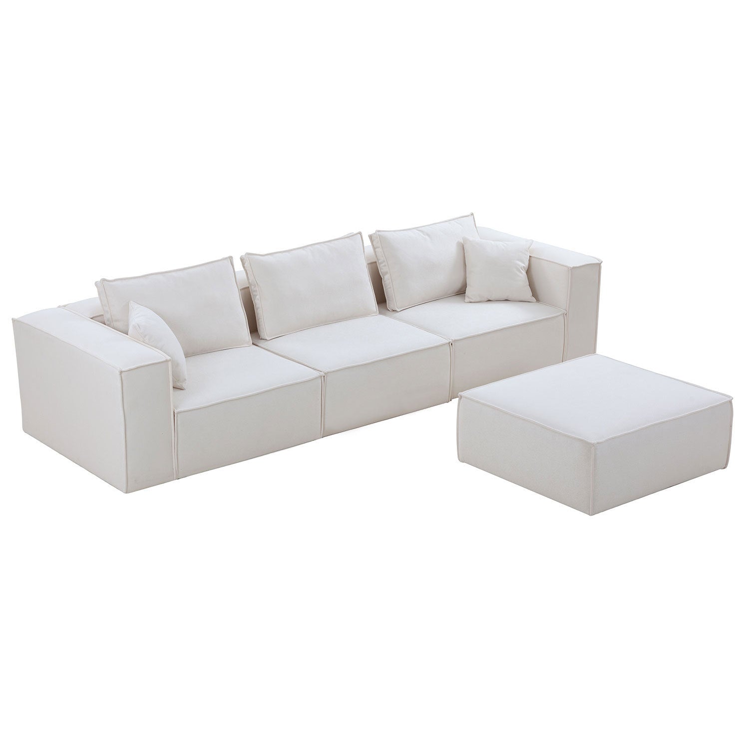 Modular Sectional Living Room Sofa Set, Modern Minimalist Style Couch with Ottoman and Reversible Chaise, L-Shape - White