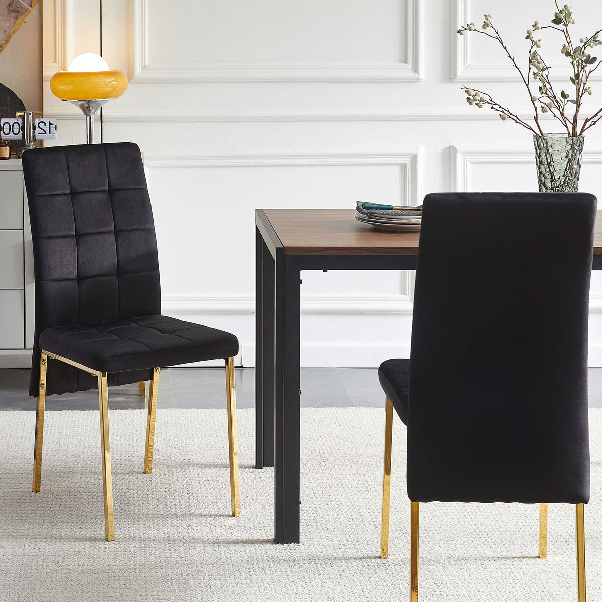 Modern Black Velvet High Back Dining Chair with Golden Color Legs (Set Of 2) - Black