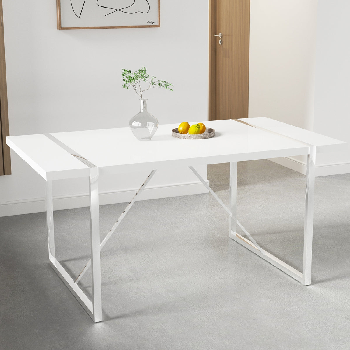 Dining Table Rustic Rectangular MDF Wood White Dining Table For 4-6 Person with 1.6" Thick Engineered Wood Tabletop and plating Metal Legs