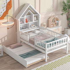 Twin Size DollHouse-Shaped Headboard with Fence Guardrails and Trundle - White