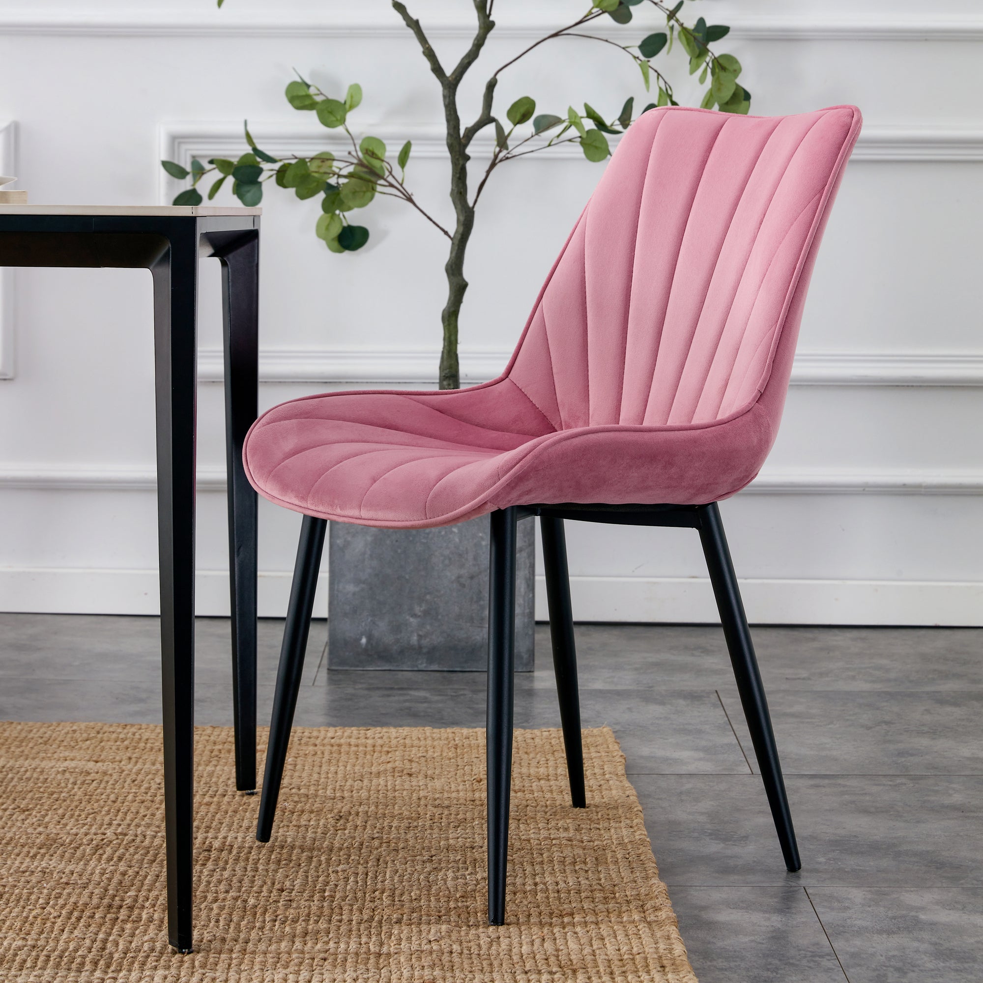 Modern Velvet Dining Chairs with Cushion Seat Back Black Coated Legs Upholstered (Set of 4) - Pink