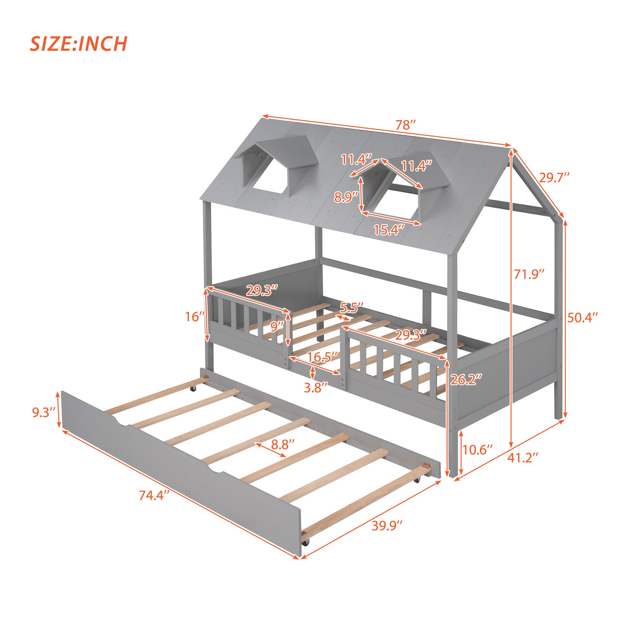 Twin Size House Wood Bed with Twin Size Trundle - Gray