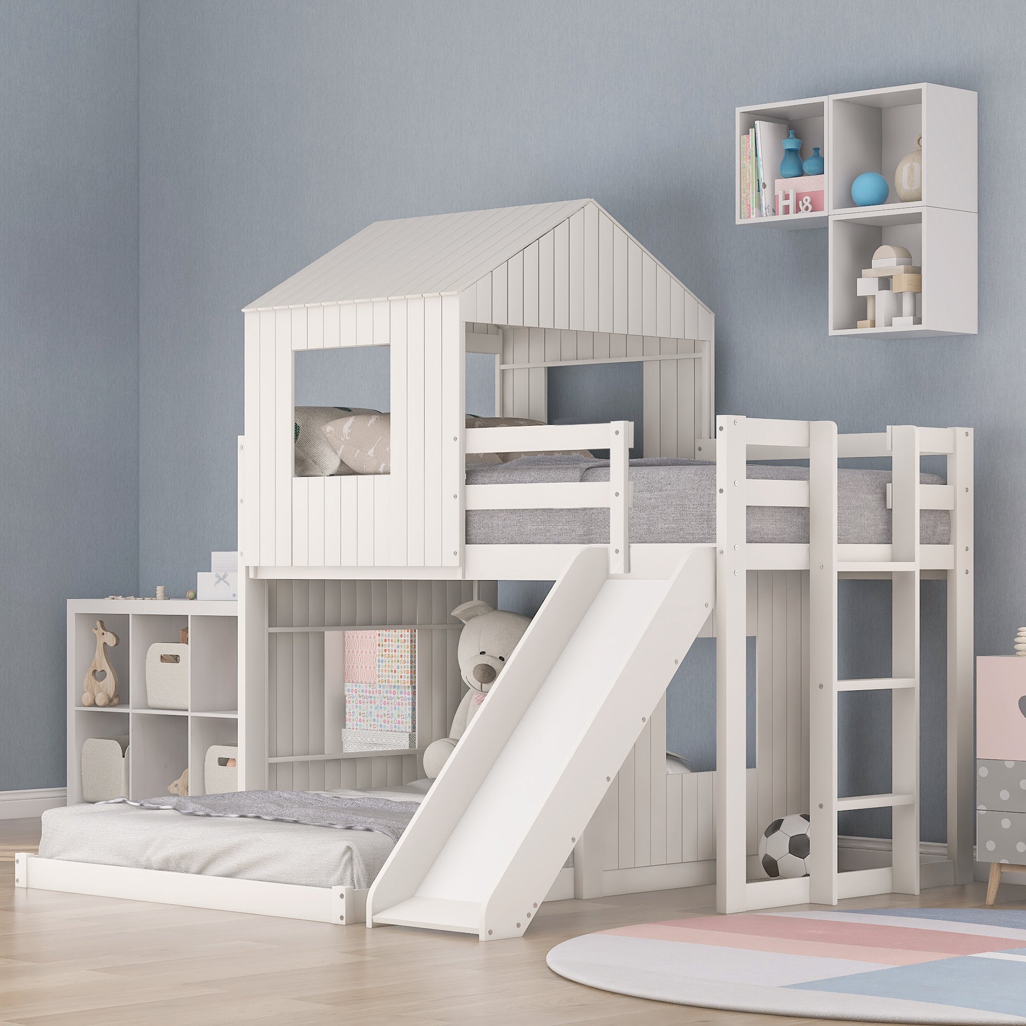 Farmhouse Wooden Twin Over Full Bunk Bed, Loft Bed with Playhouse - White