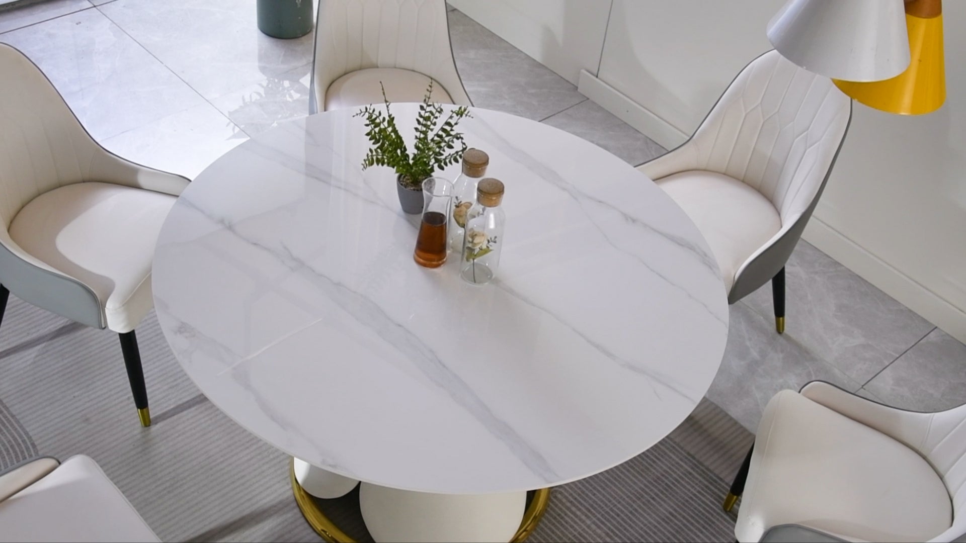 53“ Modern sintered stone round dining table with stainless steel base (chairs not included)