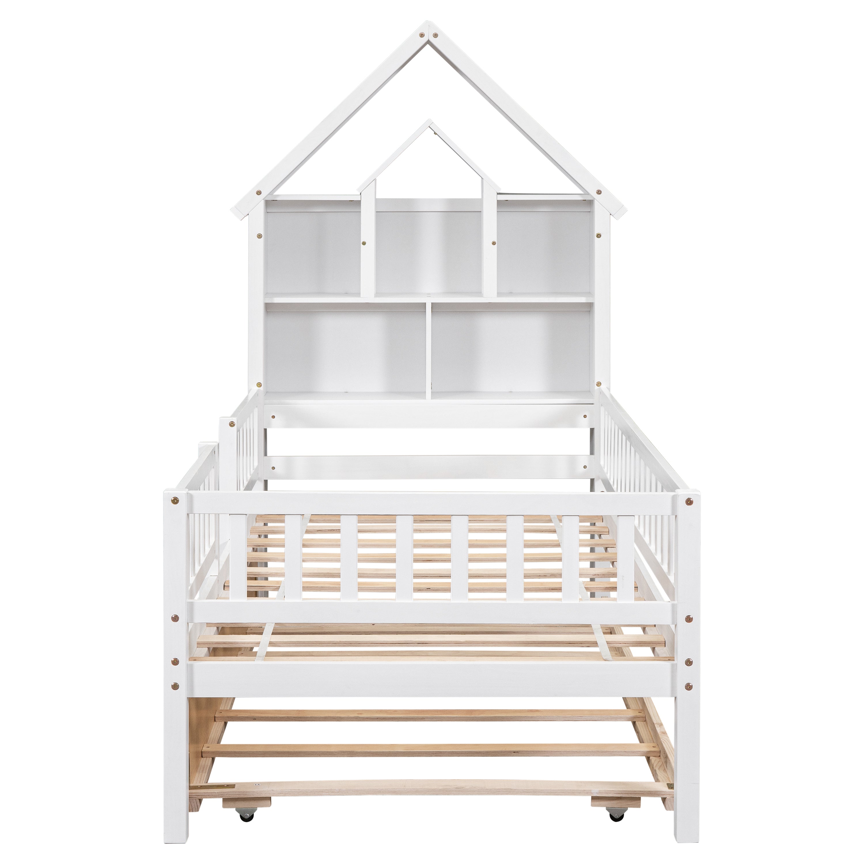 Twin Size DollHouse-Shaped Headboard with Fence Guardrails and Trundle - White