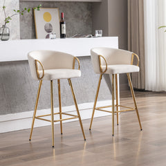 26 Inch Set of 2 Bar Stools, with Chrome Footrest and Base Velvet + Golden Leg Simple Bar Stool - Cream