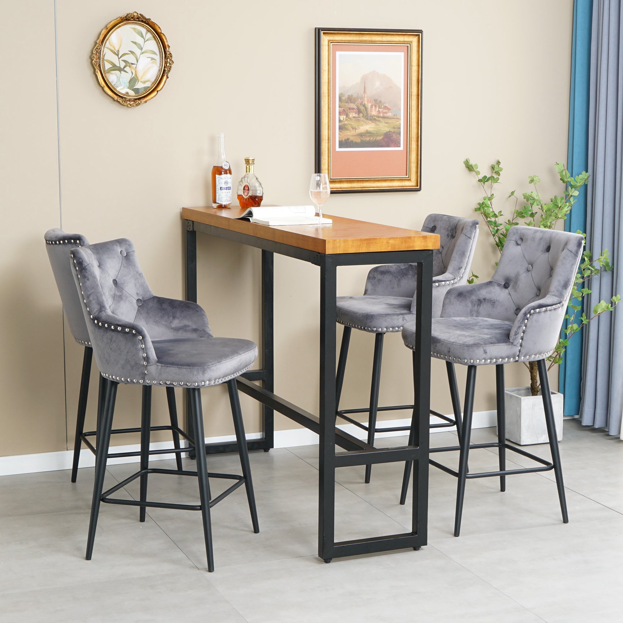 Modern Bar Chair with Armrests and Footrests (Set of 2) - Dark Grey