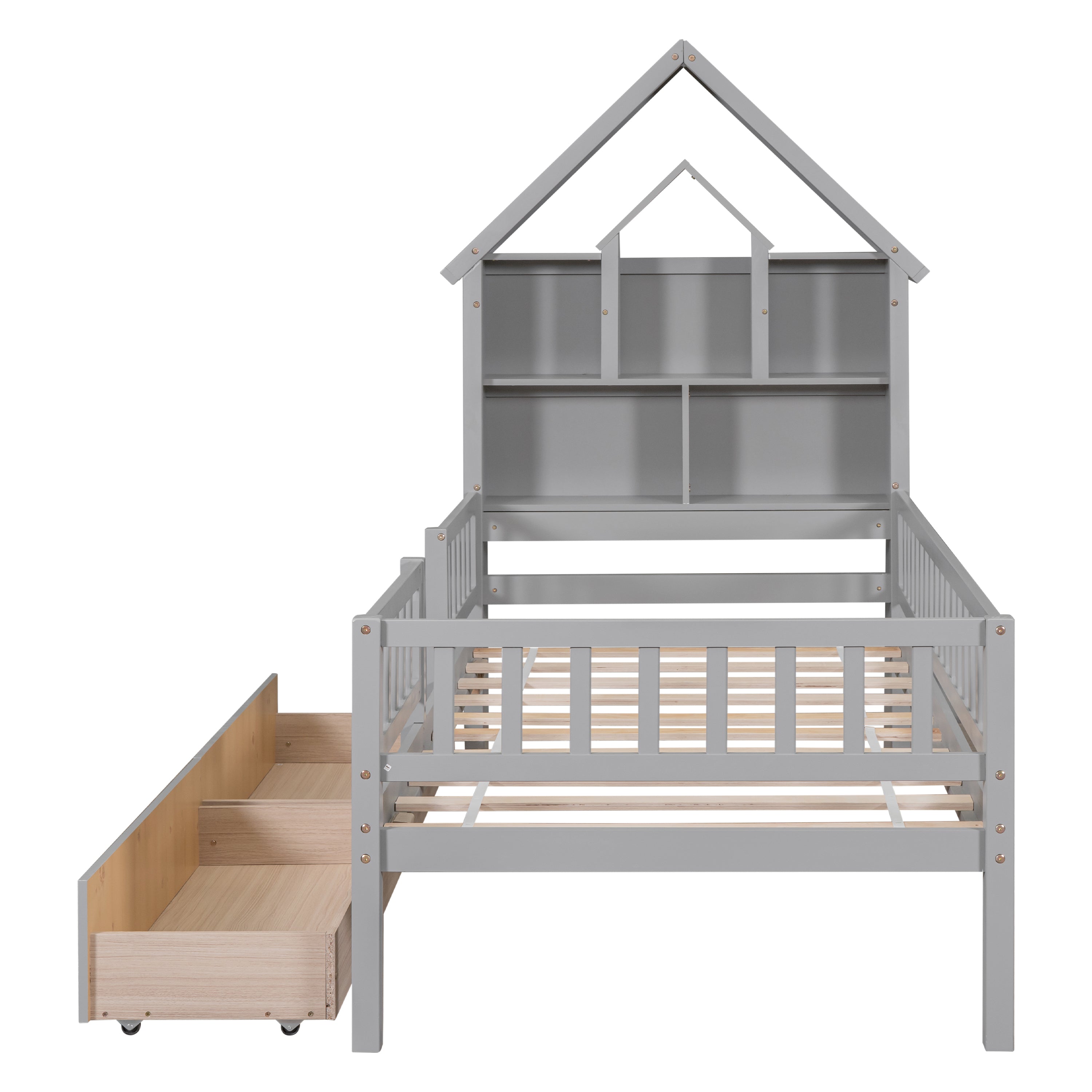 Twin Size DollHouse-Shaped Headboard with Fence Guardrails and Trundle - Gray