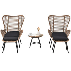 Outdoor Patio 5-Piece Rattan Conversation Set, PE Wicker Arm Chairs with Stools and Tempered Glass Tea Table - Natural Rattan + Dark Gray