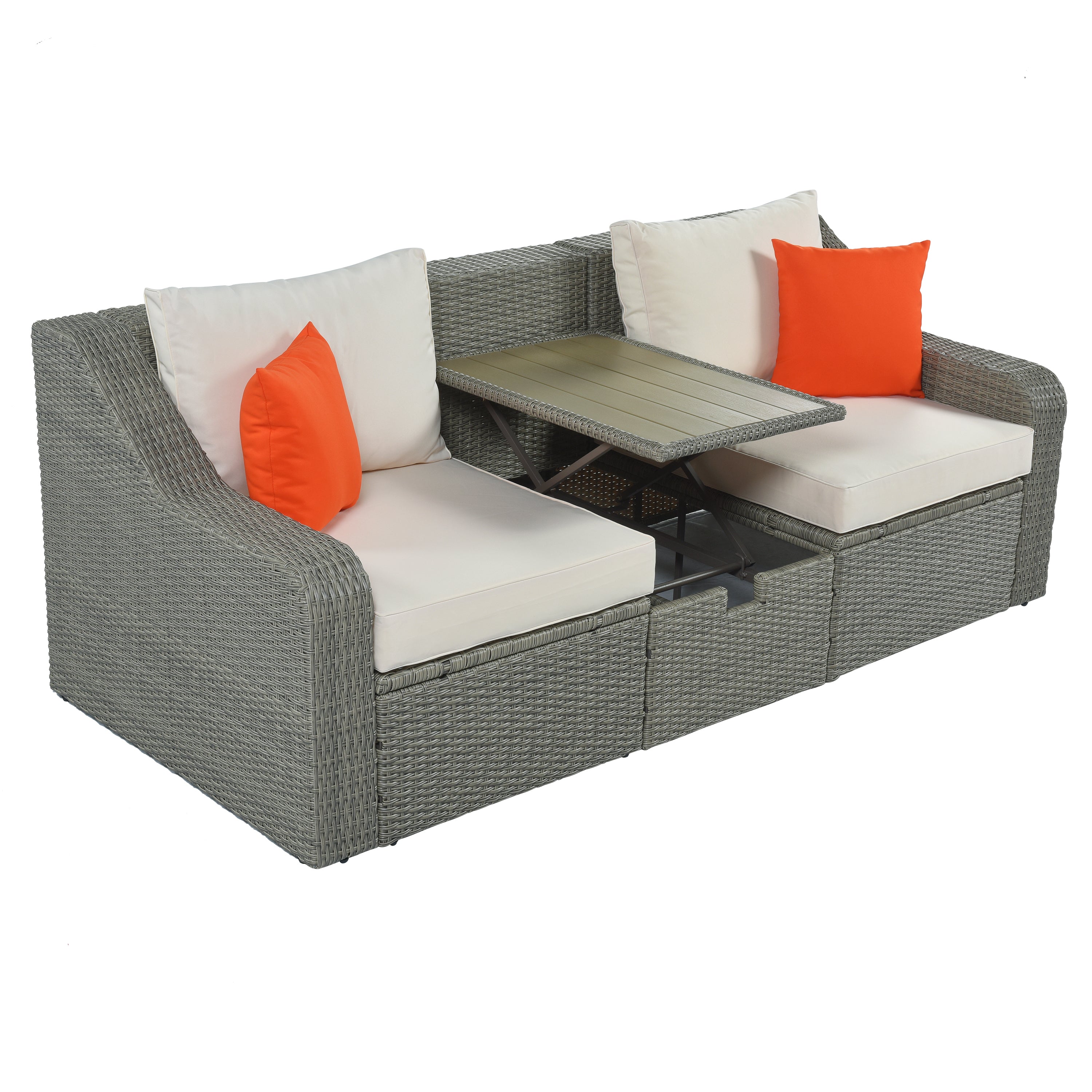 Patio Furniture Sets, 3-Piece Patio Wicker Sofa with  Cushions, Pillows, Ottomans and Lift Top Coffee Table - Beige