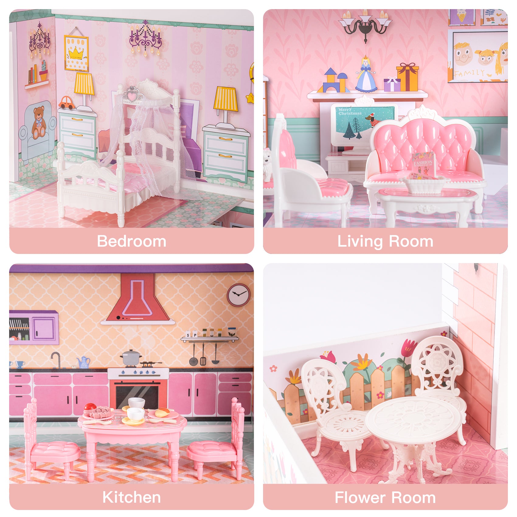 Wooden Dollhouse for Kids with 24 pcs Furniture for Kids