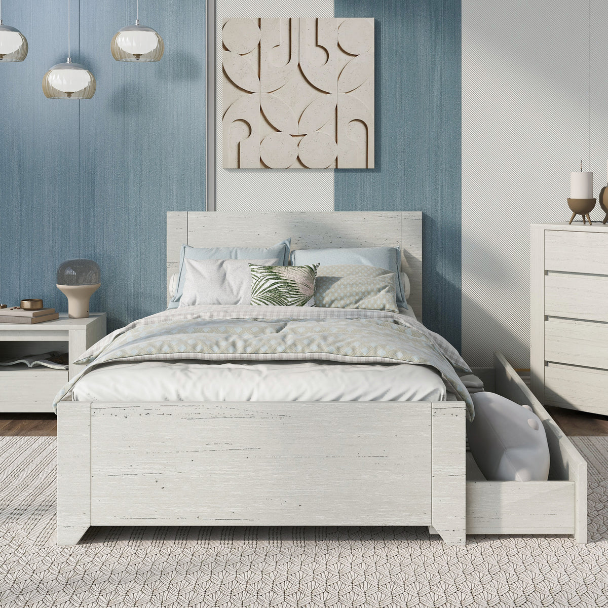 Twin Size Bed with Reversible Pull-out Storage Drawer Gray Wood Grain Sticker Surfaces - Off White