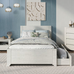 Twin Size Bed with Reversible Pull-out Storage Drawer Gray Wood Grain Sticker Surfaces - Off White