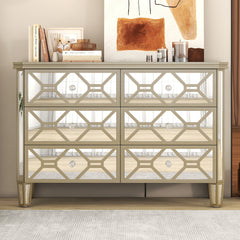 Elegant Mirrored 6-Drawer Dresser with Golden Lines Storage Cabinet