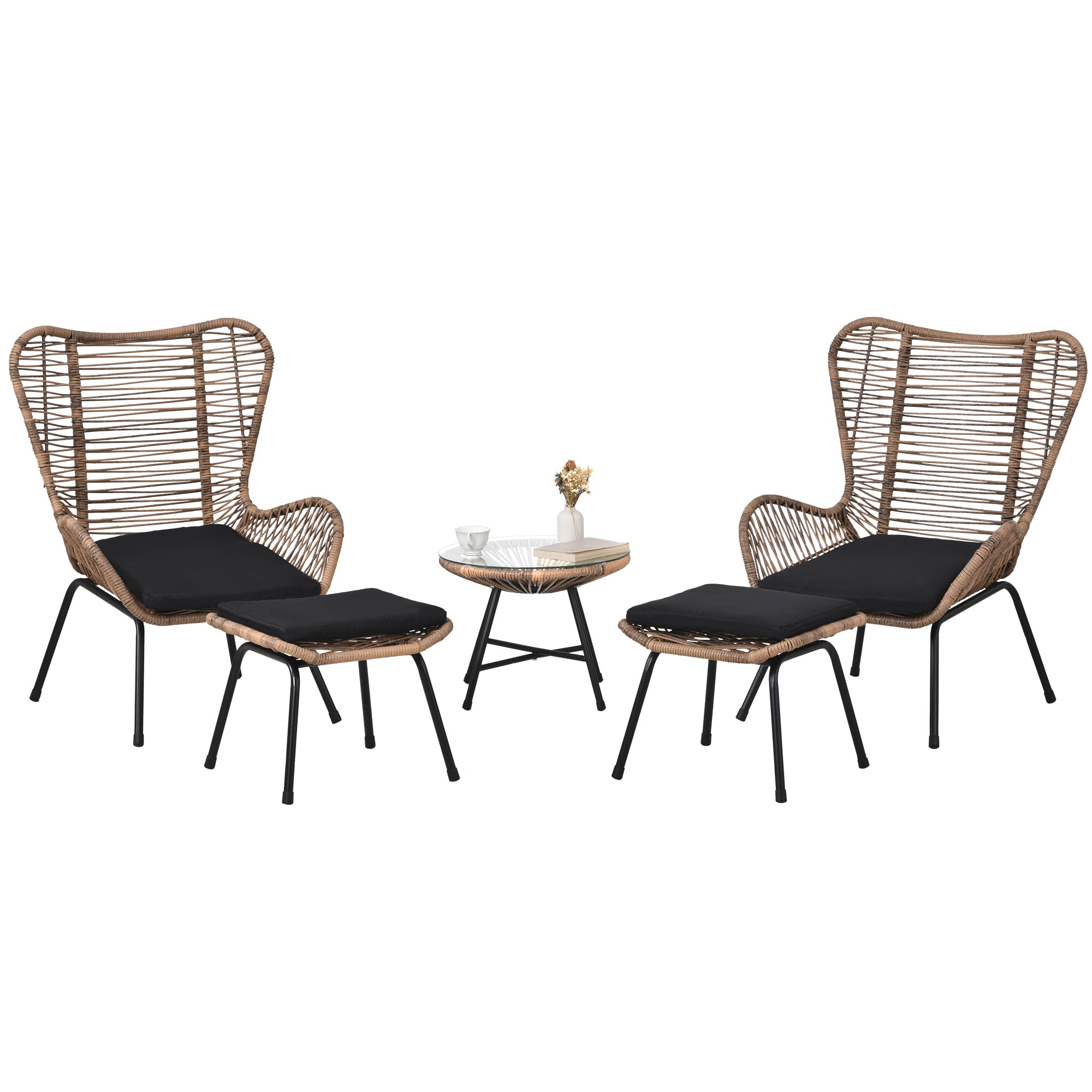 Outdoor Patio 5-Piece Rattan Conversation Set, PE Wicker Arm Chairs with Stools and Tempered Glass Tea Table - Natural Rattan + Dark Gray