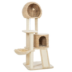 Cat Tree, 59-Inch Cat Tower for Indoor Cats, Plush Multi-Level Cat Condo with 2 Perches, 2 Caves, Cozy Basket and Scratching Board - Beige