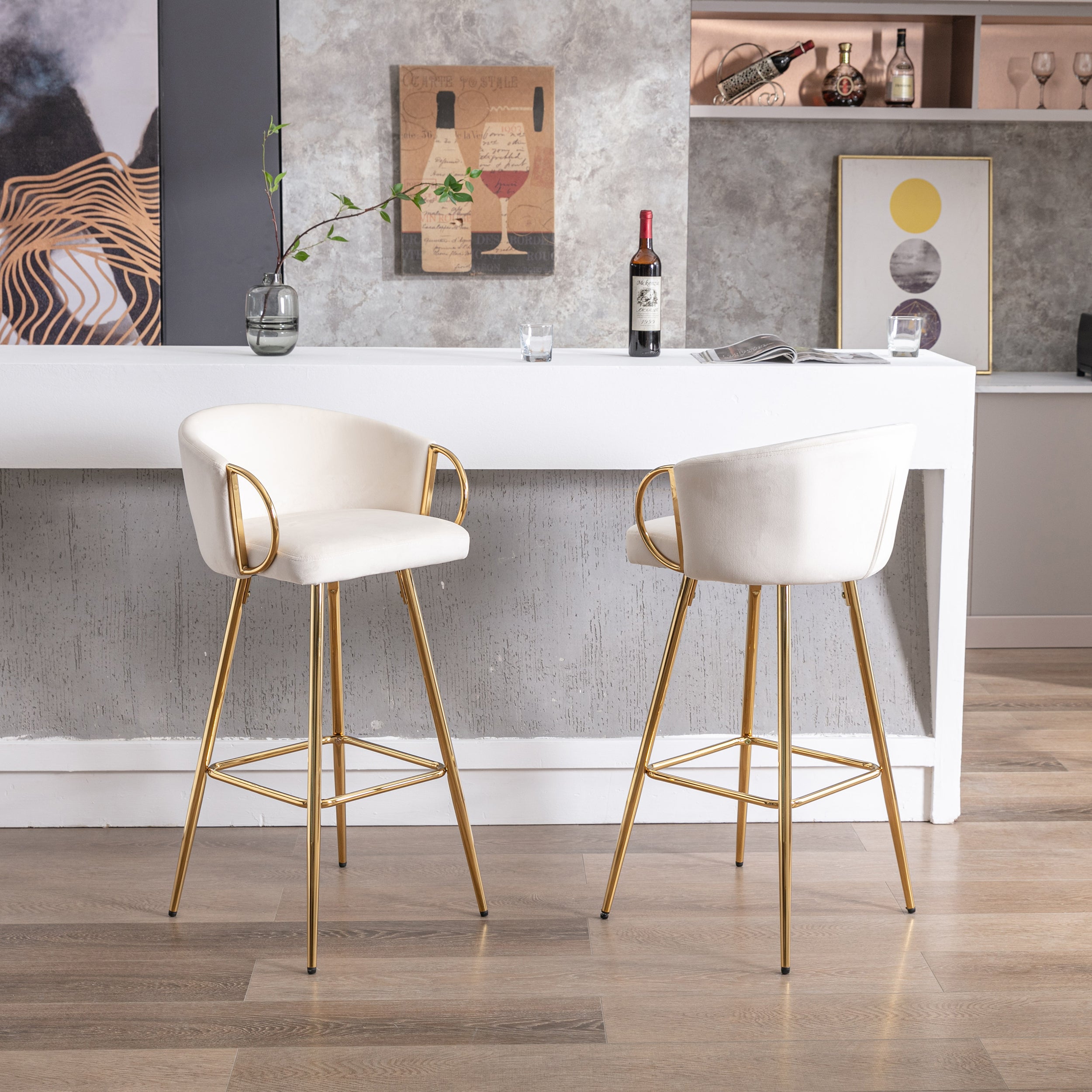 26 Inch Set of 2 Bar Stools, with Chrome Footrest and Base Velvet + Golden Leg Simple Bar Stool - Cream