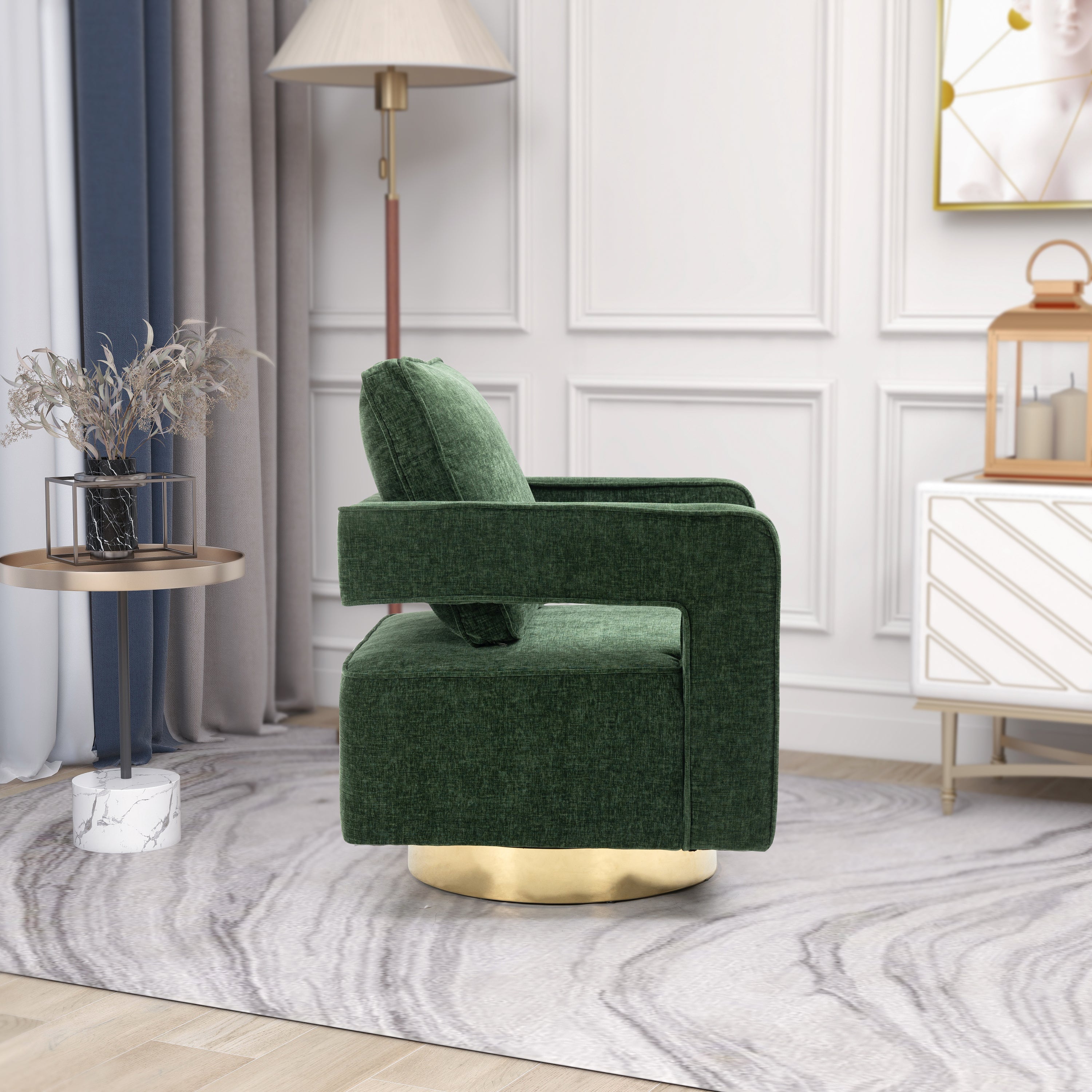 30.7"W Swivel Accent Open Back Chair Modern Comfy Sofa Chair With Gold Stainless Steel Base - Green Chenille