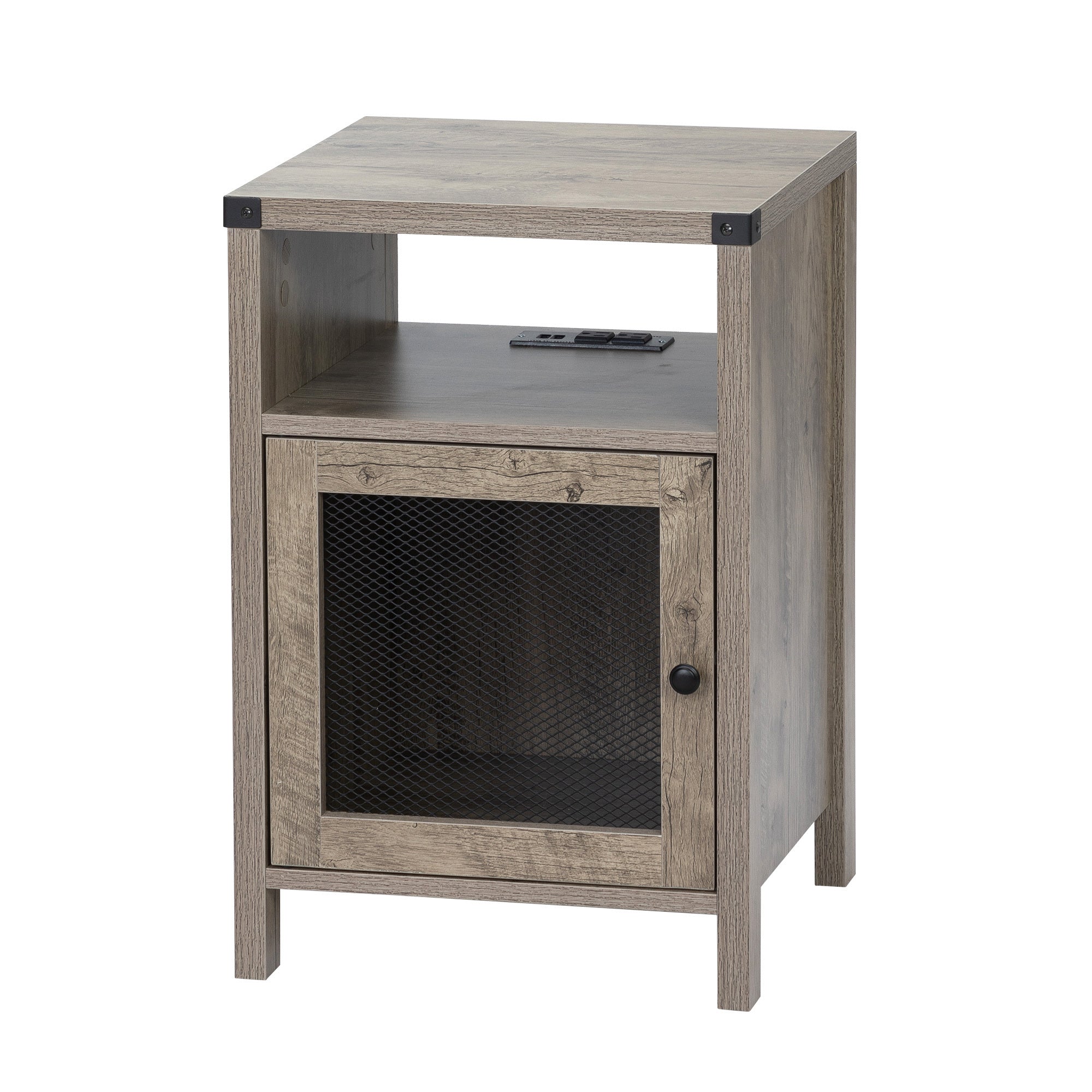 Farmhouse Nightstand with Power Outlets, USB Ports - Retro Gray