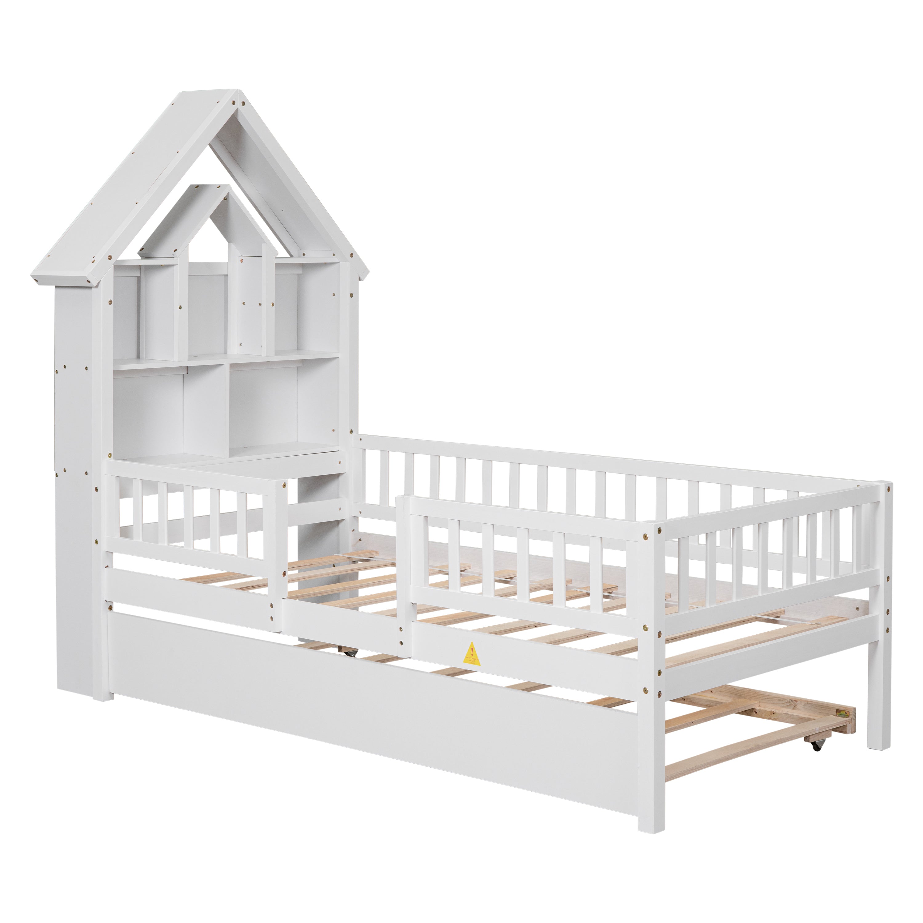 Twin Size DollHouse-Shaped Headboard with Fence Guardrails and Trundle - White