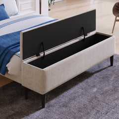 3 Pieces Bedroom Set Beige Queen Size Upholstered Storage Bed Frame with Storage Ottoman Bench and Two Nightstands