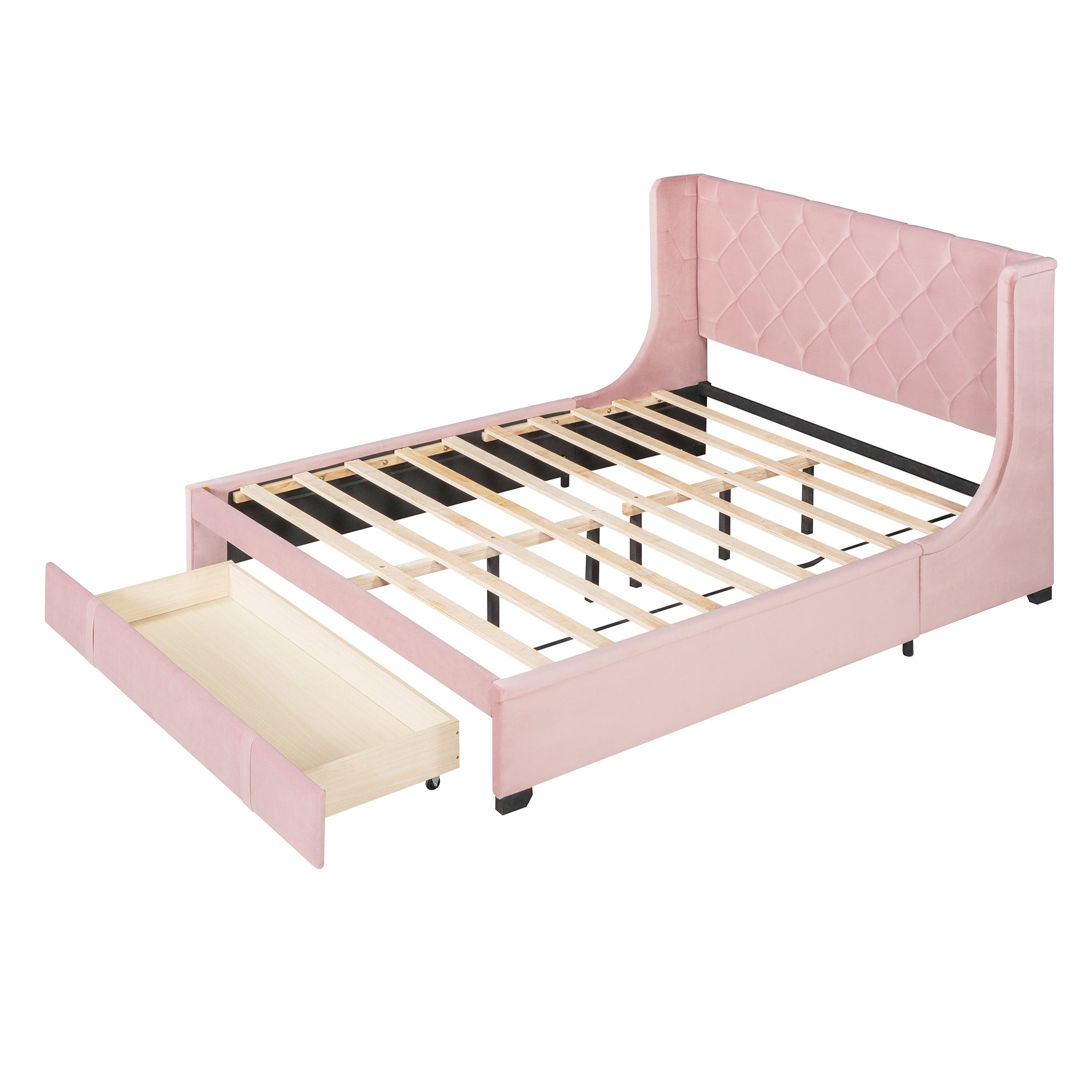 Queen Size Storage Bed Velvet Upholstered Platform Bed with Wingback Headboard and a Big Drawer - Pink