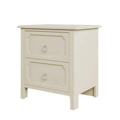 Milky White Rubber Wooden Nightstand Two Drawers Silver Metal Handles