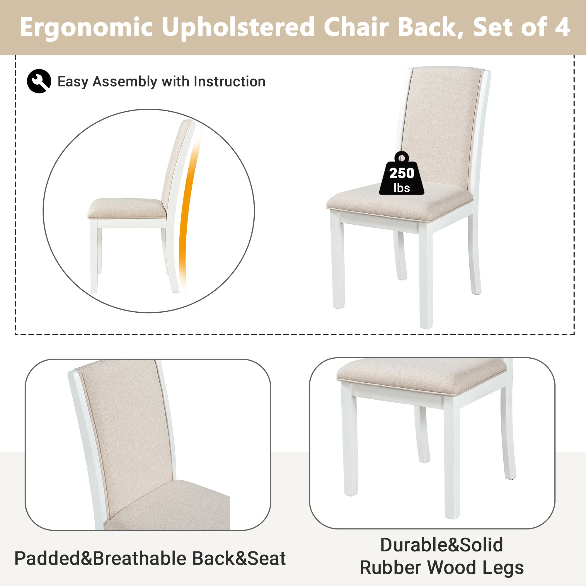 Farmhouse Wood Full Back Dining Chairs with Upholstered Cushions (Set of 4) - White+Cushion Beige