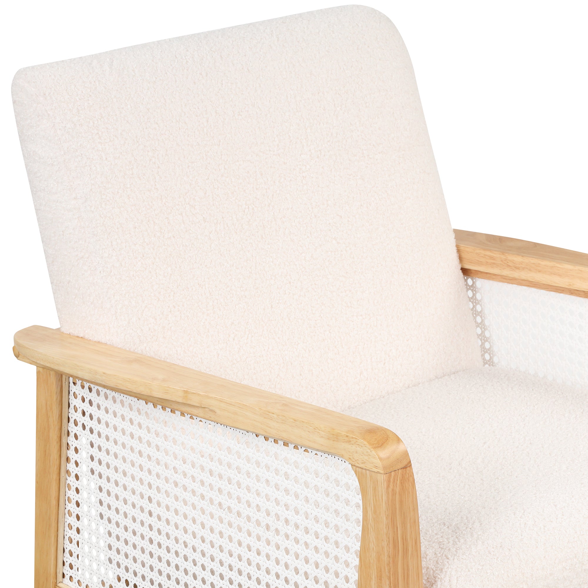 Armchair Rattan Mesh Upholstered Accent Chair, Teddy Short Plush Particle Velvet Armchair - White