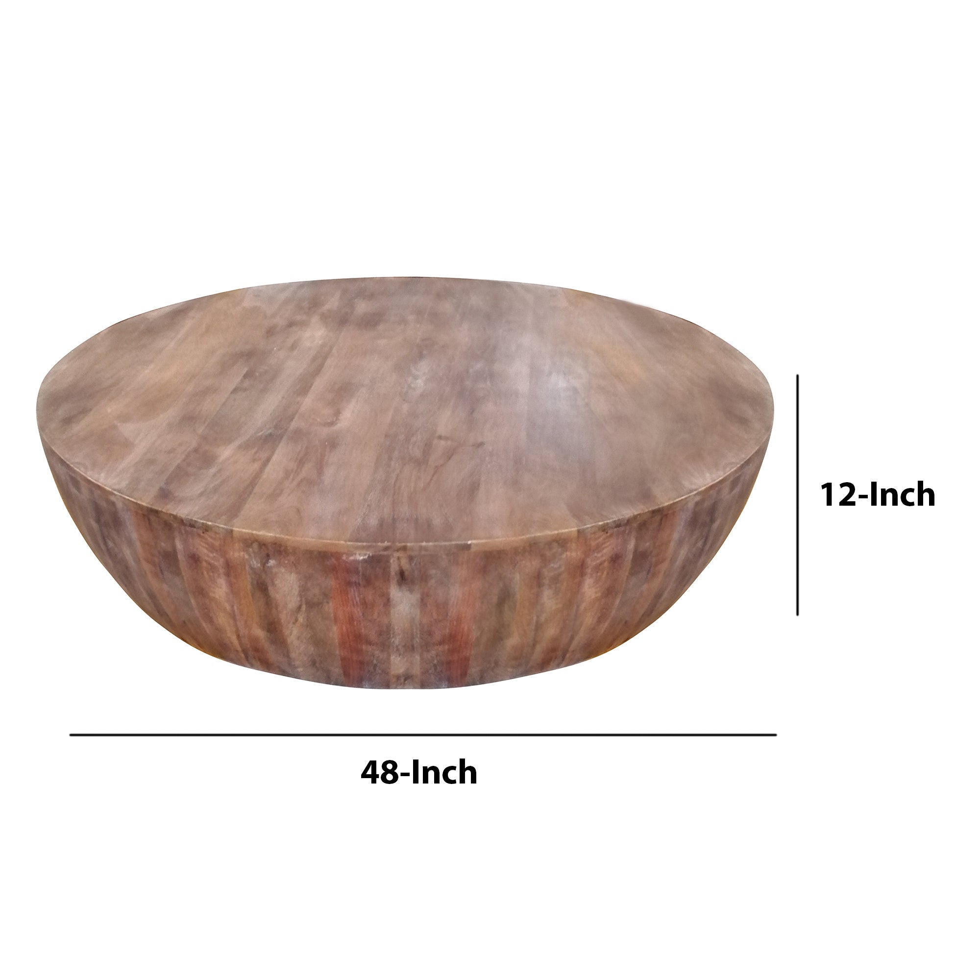 Handcarved Drum Shape Round Top Mango Wood Distressed Wooden Coffee Table - Brown