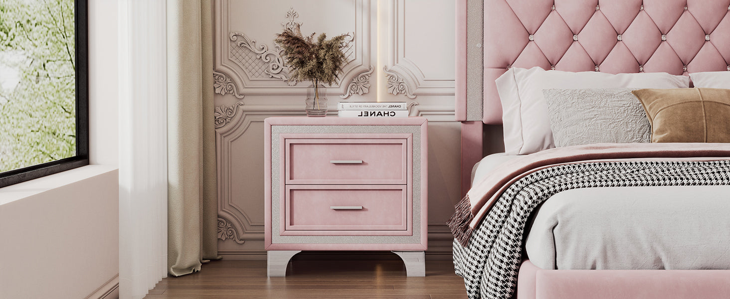 2-Drawer Nightstand with Metal Legs for Bedroom Velvet Bedside Table - Pink