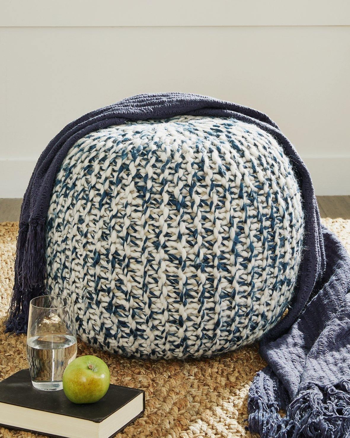 Blue/White Hand-Knitted Pouf