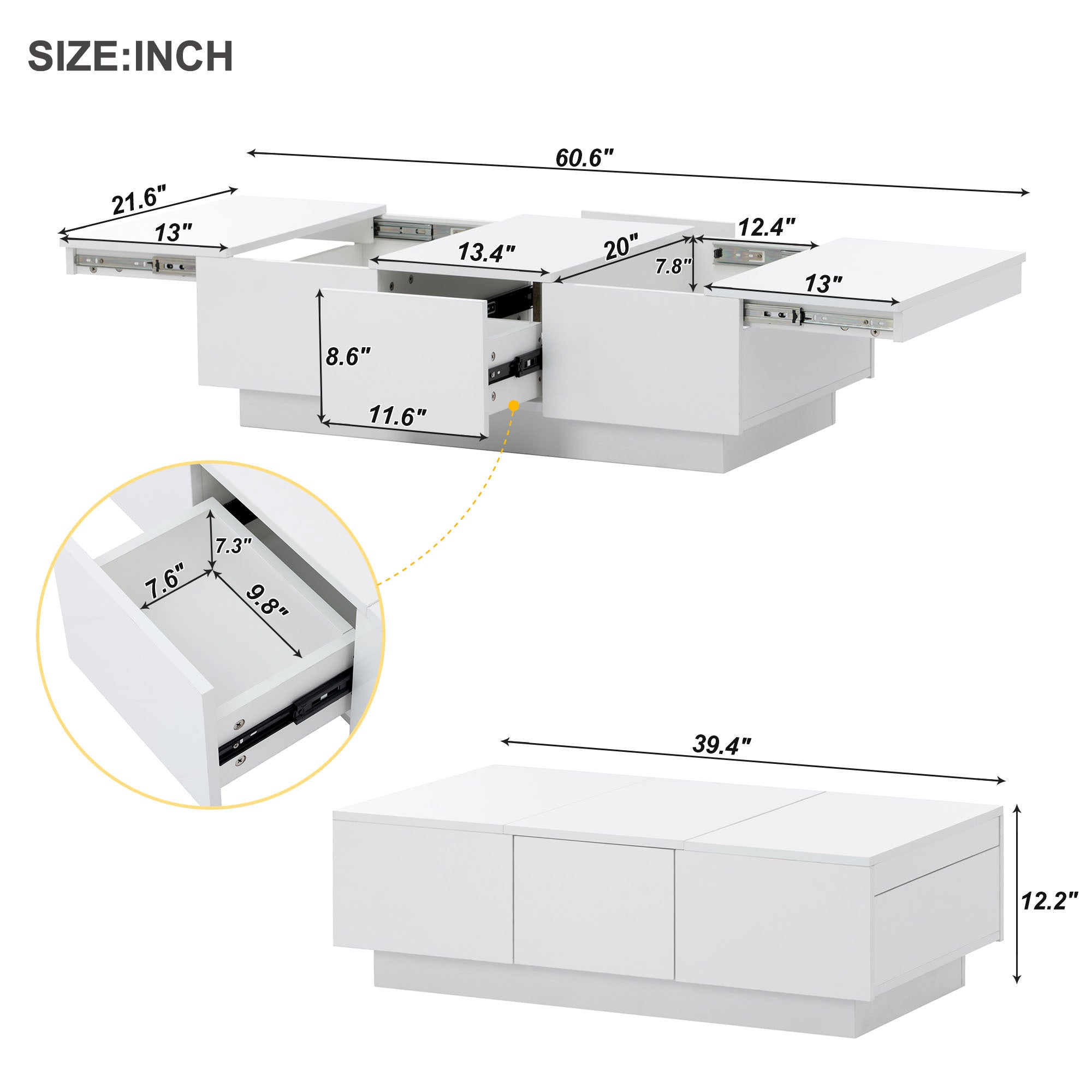 Multifunctional Coffee Table with 2 large Hidden Storage Compartment - White