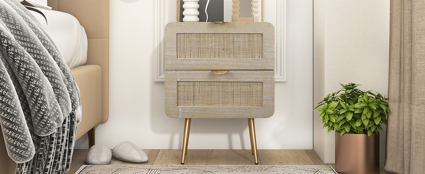 MICO Wooden Nightstand with Rattan Panel