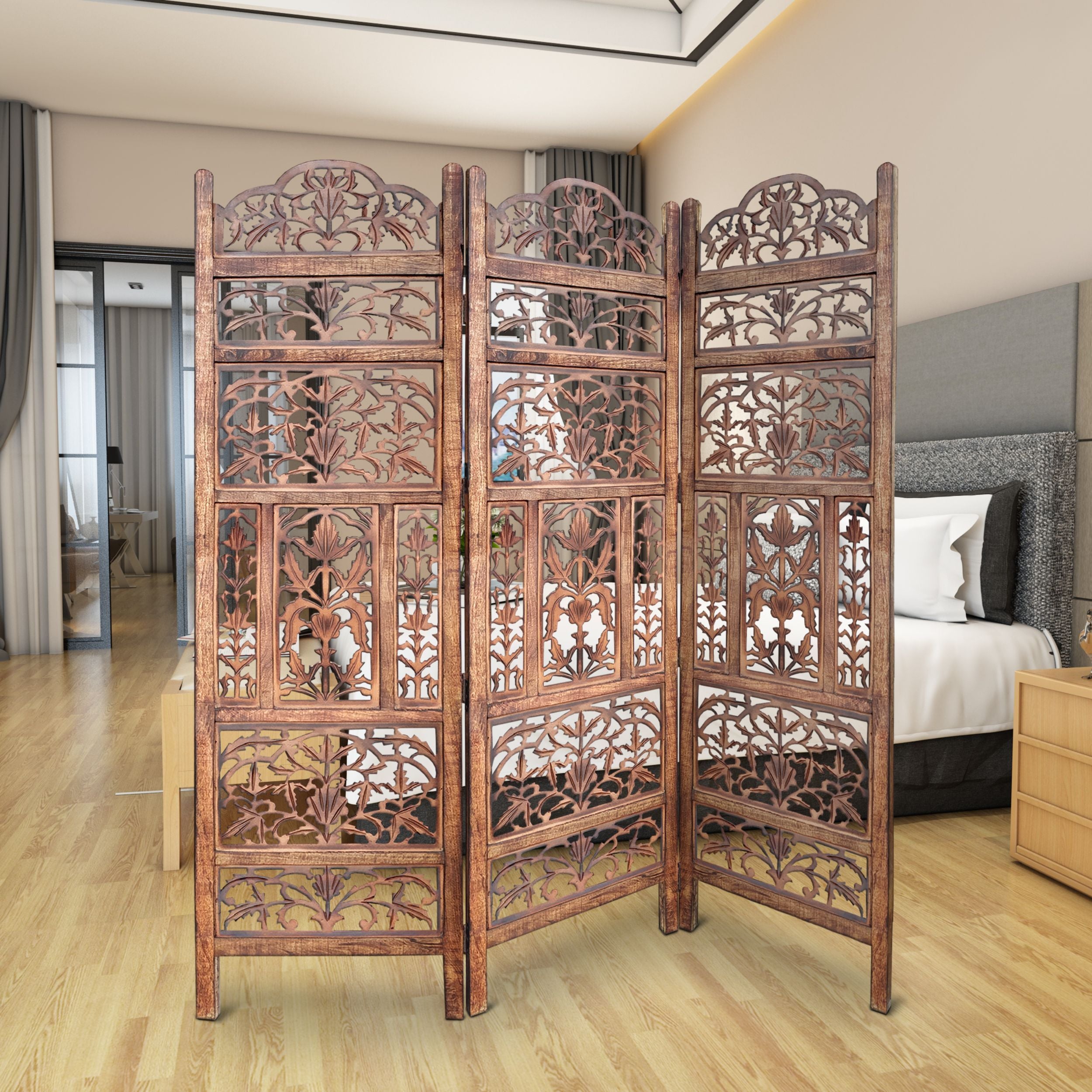 Handcrafted 3 Panel Mango Wood Screen with Cutout Filigree Carvings - Brown