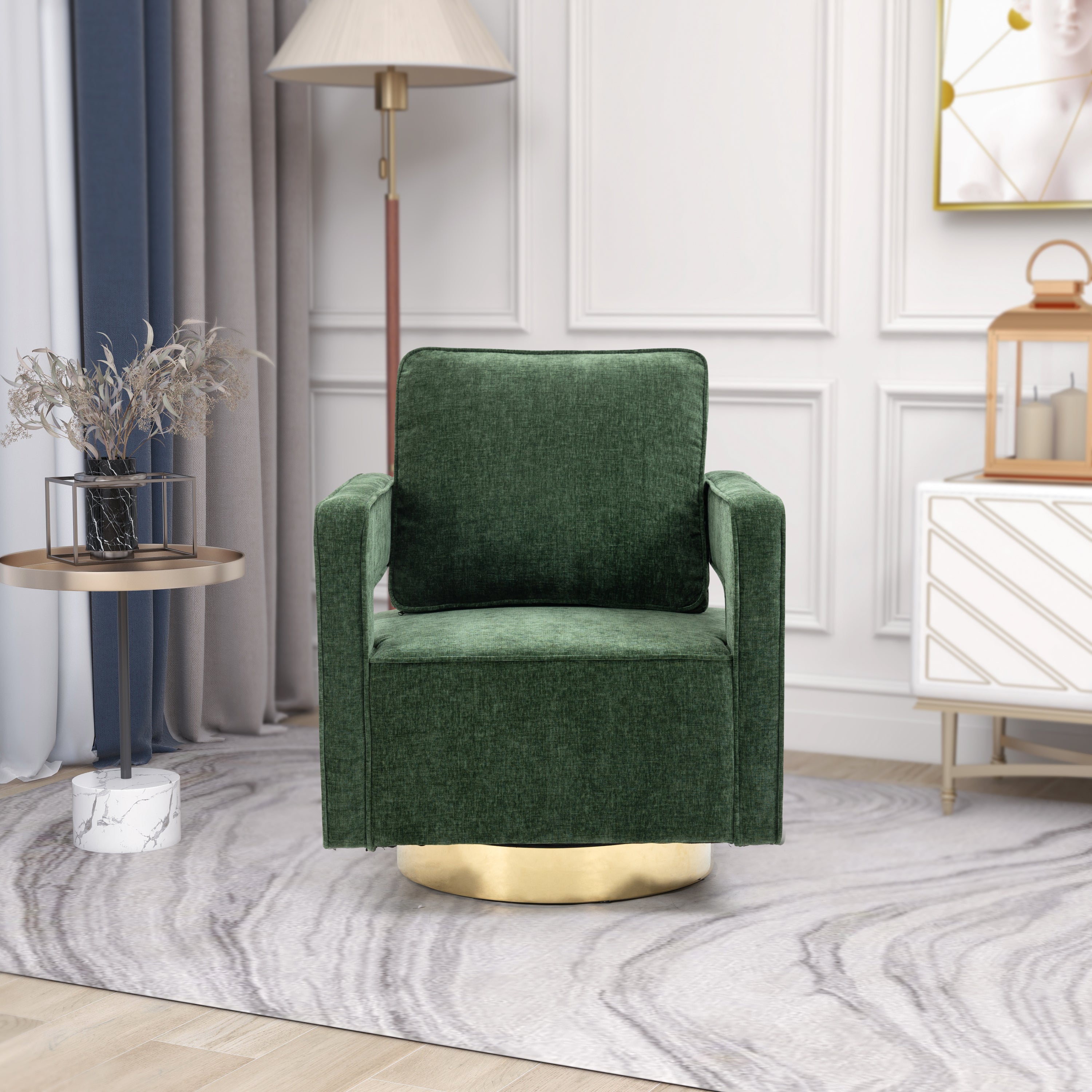 30.7"W Swivel Accent Open Back Chair Modern Comfy Sofa Chair With Gold Stainless Steel Base - Green Chenille