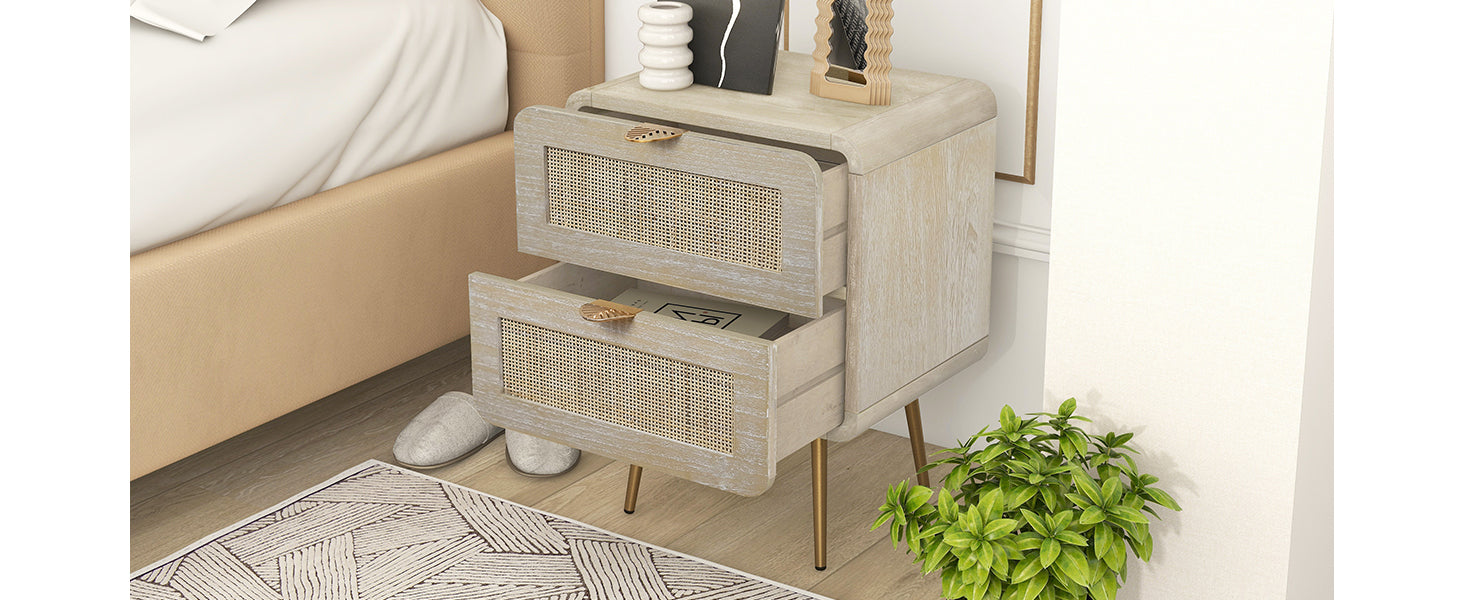 MICO Wooden Nightstand with Rattan Panel