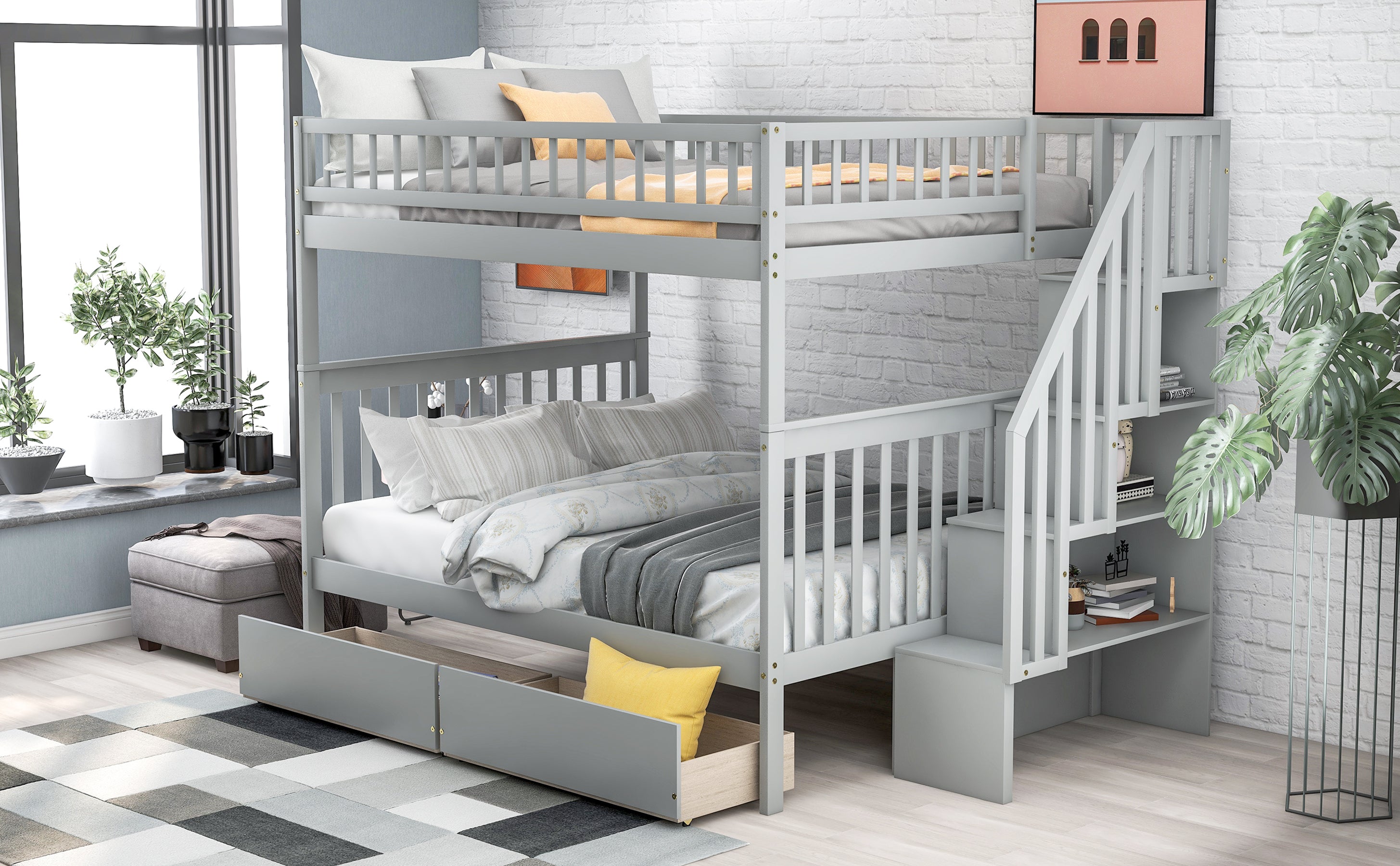 Full over Full Bunk Bed with Two Drawers and Storage - Gray