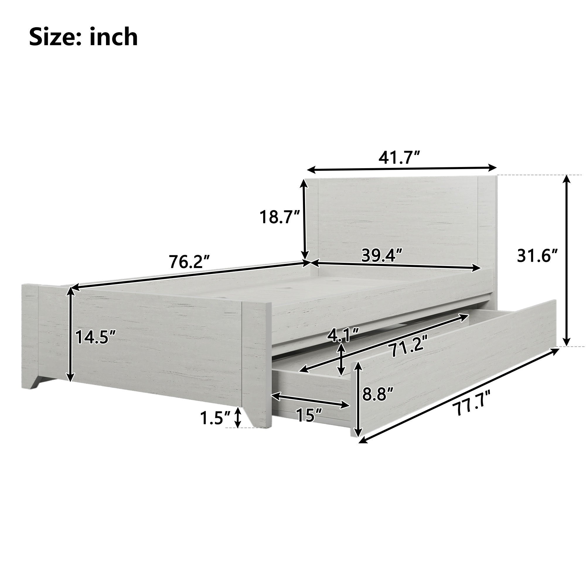 Twin Size Bed with Reversible Pull-out Storage Drawer Gray Wood Grain Sticker Surfaces - Off White