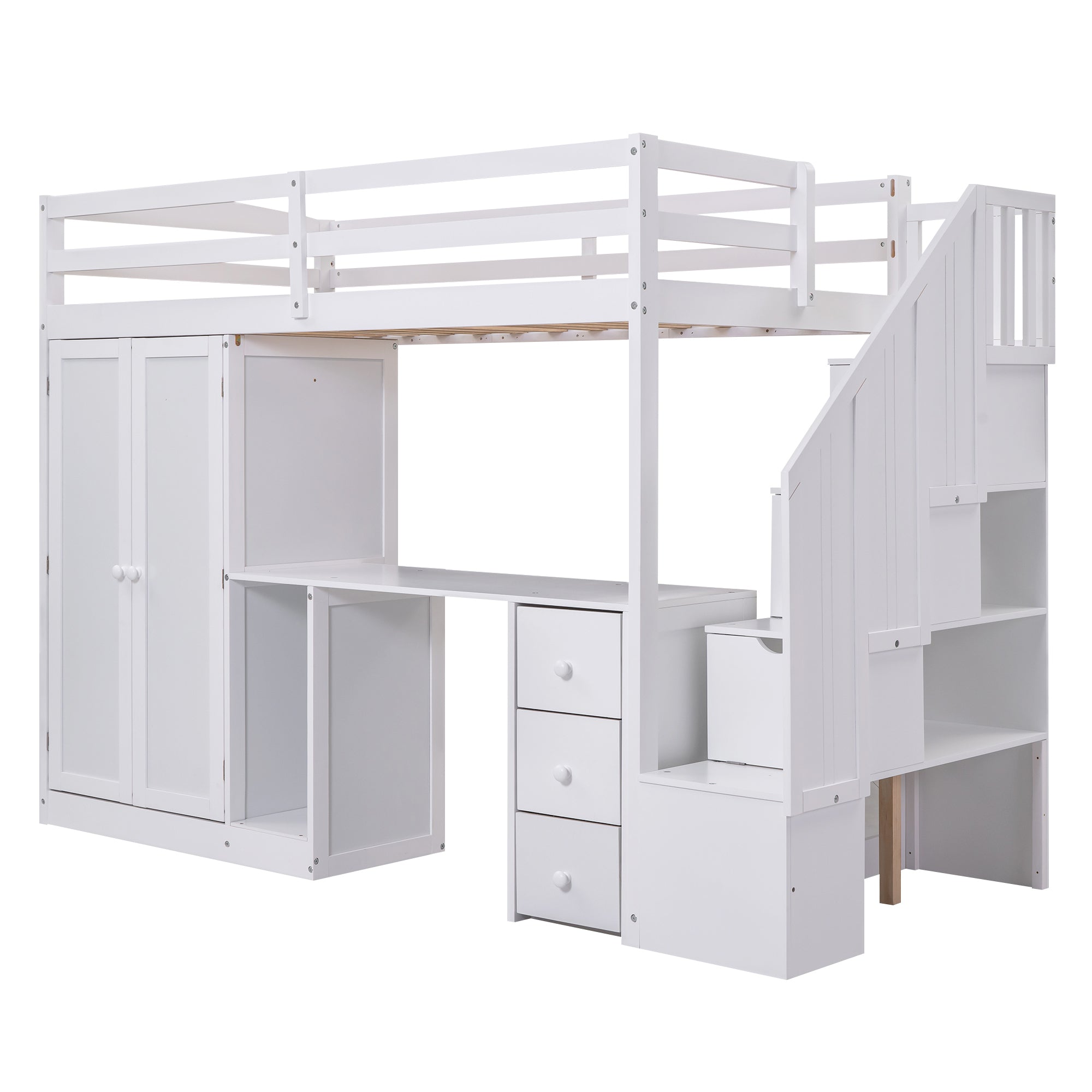 Twin Size Loft Bed with Wardrobe and Staircase - White