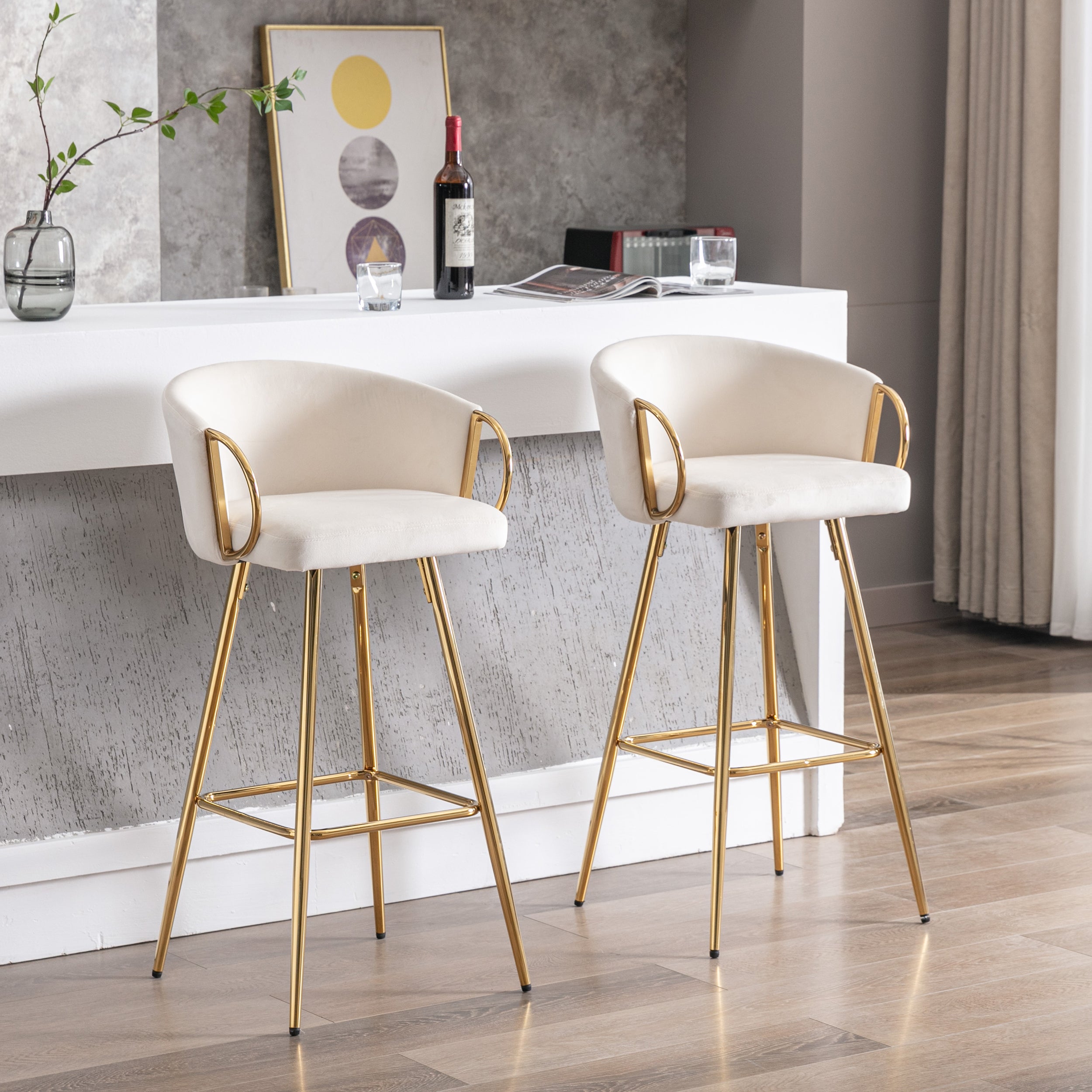 26 Inch Set of 2 Bar Stools, with Chrome Footrest and Base Velvet + Golden Leg Simple Bar Stool - Cream