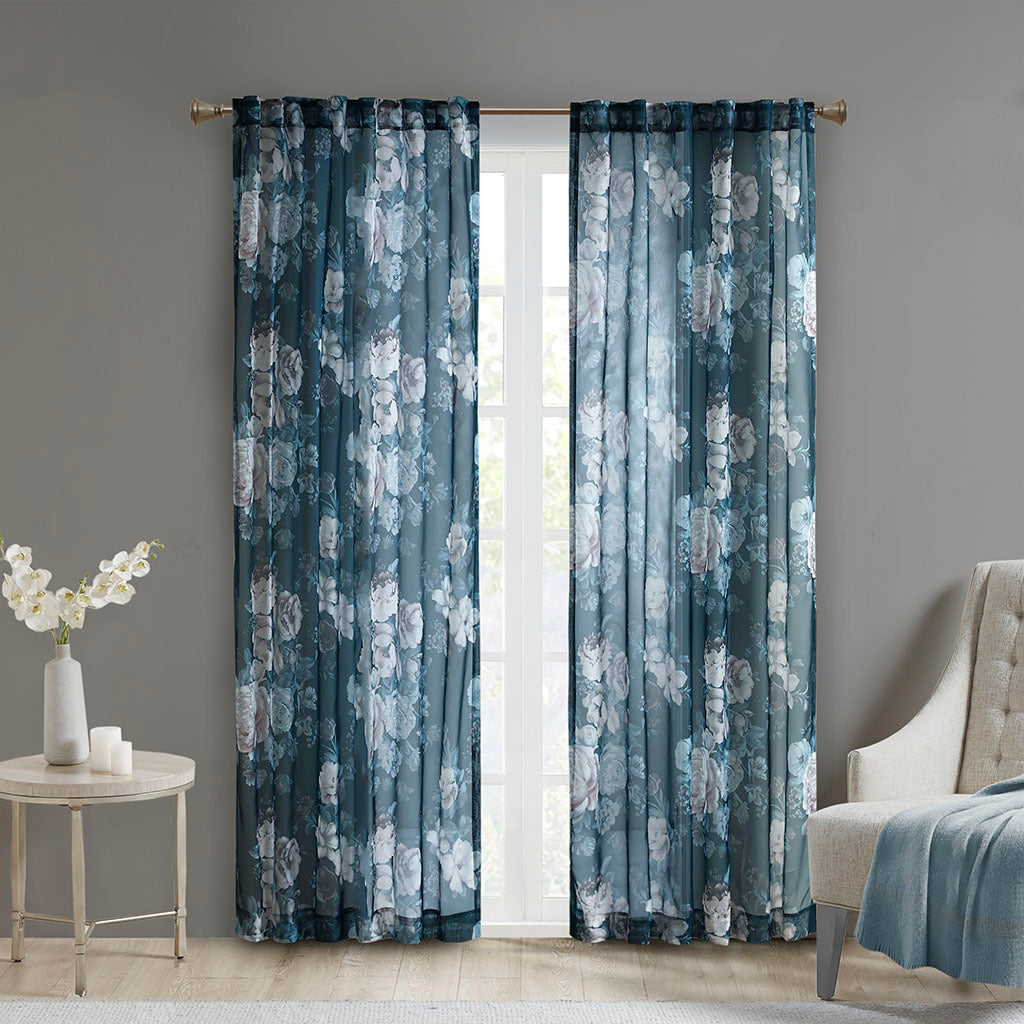 Printed Floral Rod Pocket and Back Tab Voile Sheer Curtain - Navy